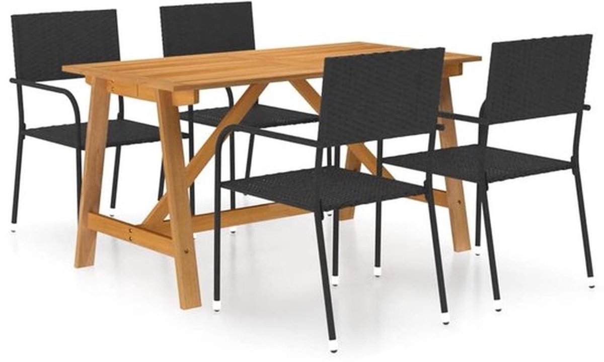 Tuinset 5 Persoons - Eettafel van Massief Acaciahout - Tuinstoelen met PE-Rotan - Onderhoudsvriendelijk - Lichtgewicht en Stapelbaar - Buitenmeubelset