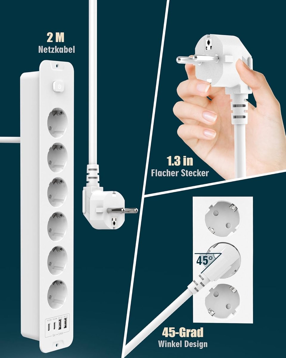 SnelShoppen - Power Strip Tafelstopcontact met Apart Schakelaar, 6-Weg Stekkerdoos met USB, 10-in-1 Meerdere Stopcontacten, 2m Kabel, Wit, Voor Thuis