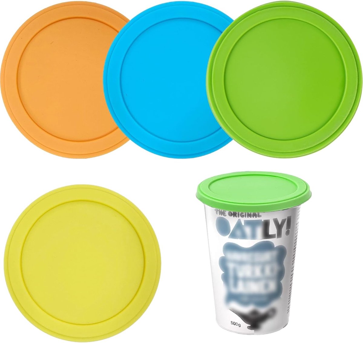 SnelShoppen - 4 Stuks Herbruikbare Silicone Deksels voor Yoghurtbekers 500 g - Duurzaam en Compatibel met Diverse Merken - Ideaal voor Keuken en Milie