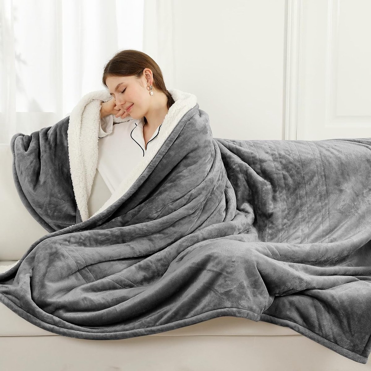 SnelShoppen - Elektrische Deken Pluche Warmtedeken 130x180cm met 6 Warmtestanden, Automatische Uitschakeling, Wasbaar en Timer 10 Uur, Grijs voor Bank