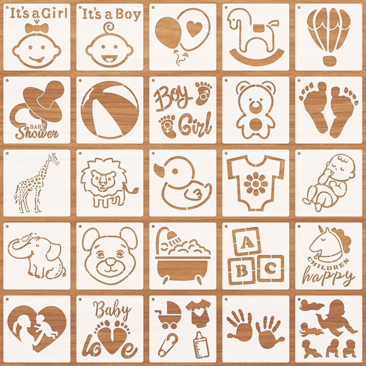 SnelShoppen - 25 Stuks Baby Shower Stencil Set - Herbruikbare DIY Schablonen voor Kleding, Rompers, Slabbetjes, Shirts, Schoenen - Dieren Ontwerpen en