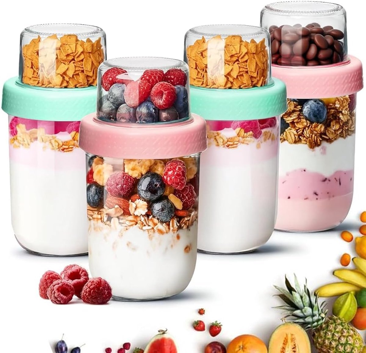 SnelShoppen - Yogurt Cup 4 Stuks, Glazen Muesli Cup 480ml met 120ml Top Compartment, Dubbel Laags Ontbijtbeker voor Werk en School, Ideaal voor Volwas