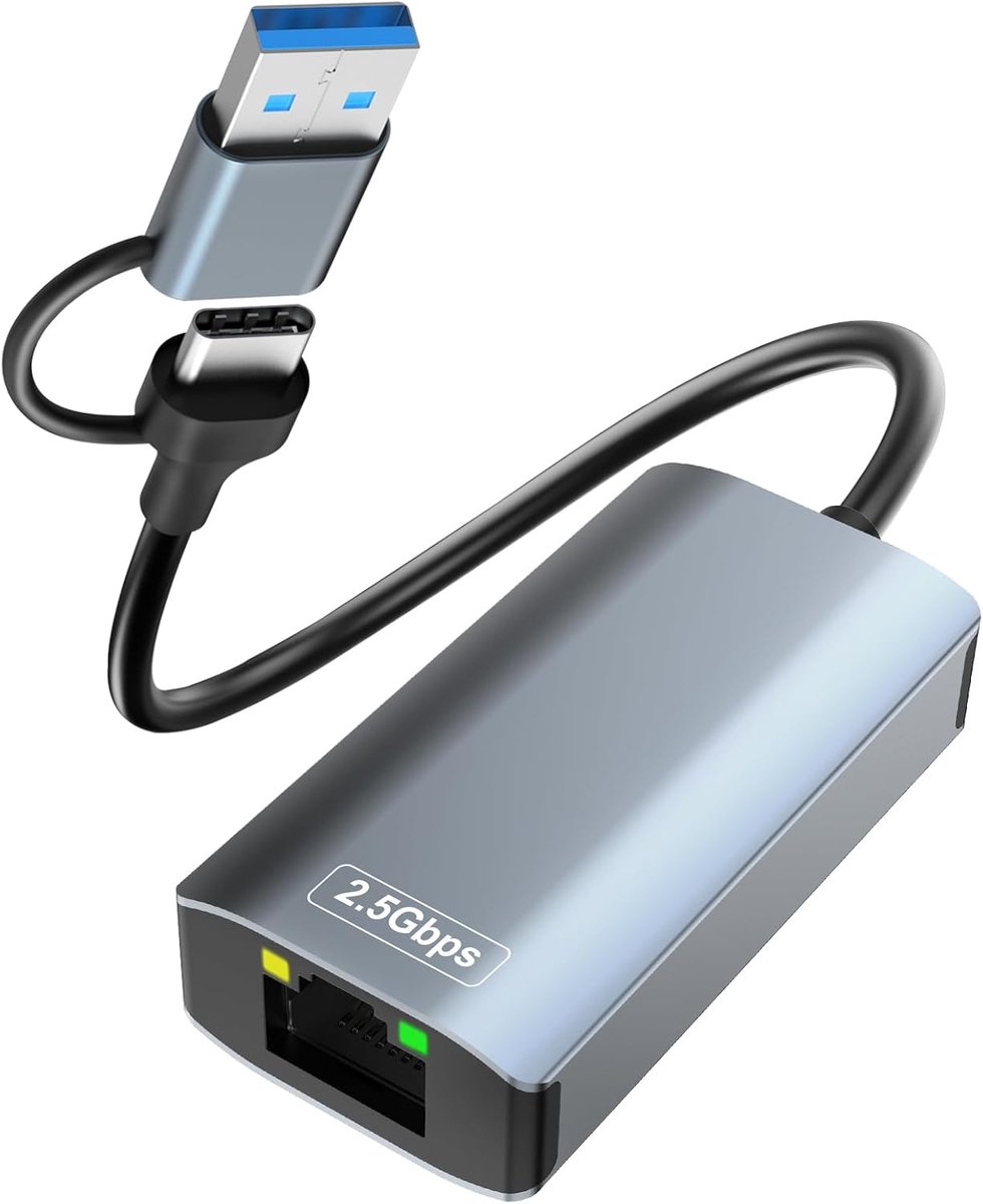 SnelShoppen - USB Ethernet Adapter 2500Mbps - 2-in-1 USB C & USB 3.0 naar RJ45 Ethernet Adapter - Geschikt voor MacBook, iPad, iPhone, Surface, Window