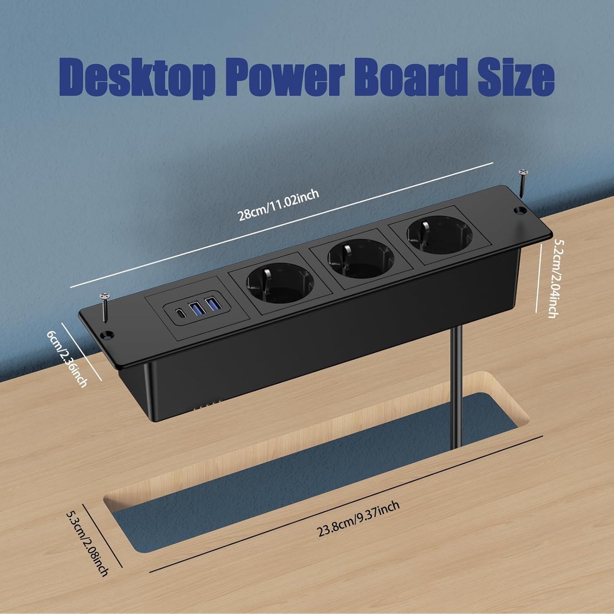 SnelShoppen - Table Socket - Flush-Mounted Socket met USB-C en Schakelaar, 3-Way Power Strip, Retractable, 2 m Kabel voor Bureau, Conferentietafel, Me