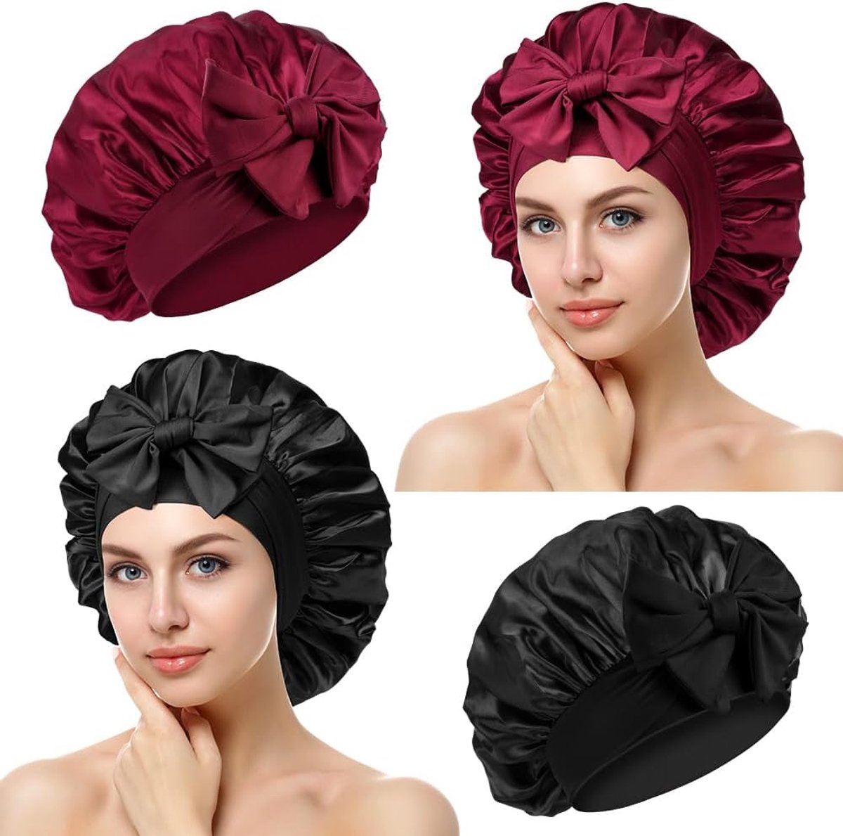 SnelShoppen - Satin Beanie 2 Pcs Zachte Zijde Hoedjes voor Slaap, Haar Wraps, Nacht Hoed met Elastische Band, Haarverzorging Hoofdbedekking voor Vrouw