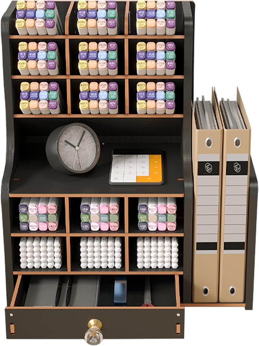 SnelShoppen - Bureau-organizer Hout Pennenkoker met Boekenkast en Lade-Organizer Multifunctionele Pennenhouder Zwart voor School Thuis Kantoor