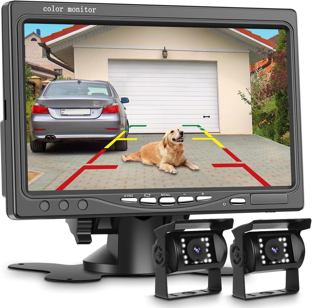 SnelShoppen - Dual Achteruitkijkcamera Set met 7 Inch LCD Monitor, Twee Waterproof Camera's, 18IR Nachtzicht voor Vrachtwagens, Trailers, Bussen en Be