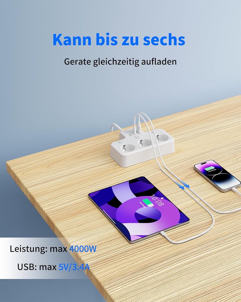 SnelShoppen - Power Strip met Apart Schakelaar, 6-Weg Stekkerdoos met USB C en USB A, 9-in-1 Tafelstekker met 2 m Kabel voor Thuis en Kantoor, 3680 W,