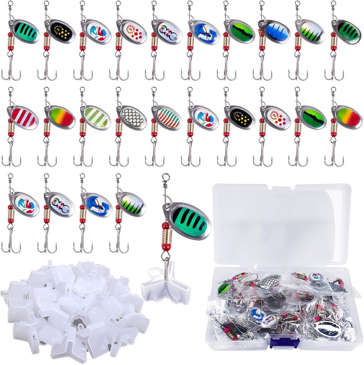 SnelShoppen - 24 Pcs Spinner Fishing Bait Set, Metaal Vissen met 24 Haak Covers, Flitsend Licht, Geschikt voor Snoek, Zander en Forel, Inclusief Opber