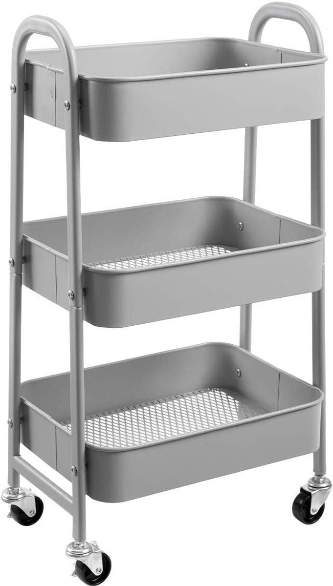 SnelShoppen - 3-Tier Rolling Metal Storage Cart, Organizer Trolley met Wielen voor Keuken, Badkamer, Kantoor, Grijs - Ideaal voor Smalle Ruimtes
