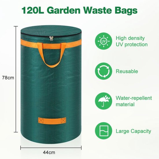 3 tuinafvalzakken, 120 liter, bladzak, tuinzak met deksel en handgrepen, grote, stabiele tuinzakken, bladverzamelaar, zelfstaande afvalzak, stabiele groene snijzakken voor gras, bladeren van Glorytec — afbeelding 2