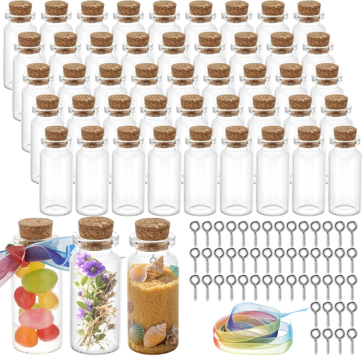 SnelShoppen - 48 Stuks Mini Glazen Flessen met Kurk - Perfect voor Feestjes, DIY, Decoratie, Huwelijk, Verjaardag, Tuin, Keuken - Kleine Glasflessen v