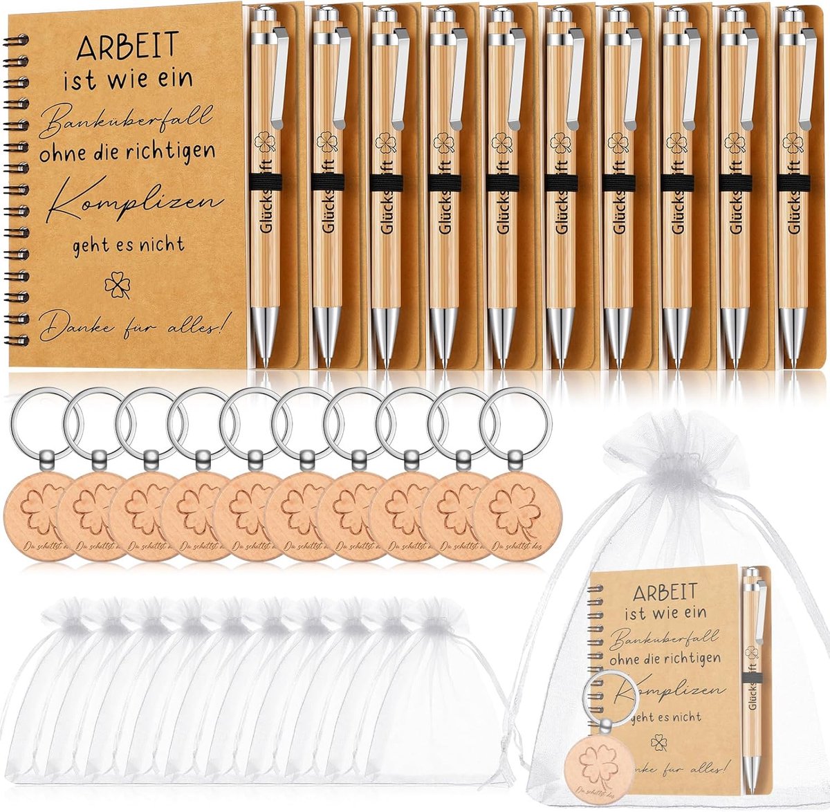 SnelShoppen - 10 Thank You Notities, Inspirerende A6 Notebooks, Houten Balpen, Sleutelhanger, Organza Zak, Spiral Notitieboek, Cadeaus voor Collega's,