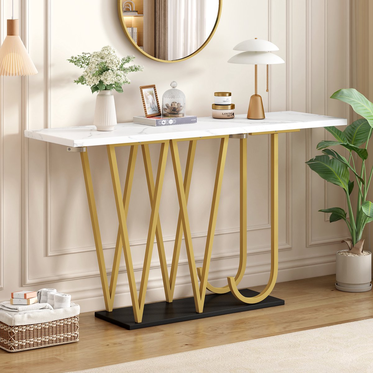 COVREO Sidetable 120 x 29,5 x 80 cm – wit marmerlook fineer, MDF en metaal, open opbergruimte
