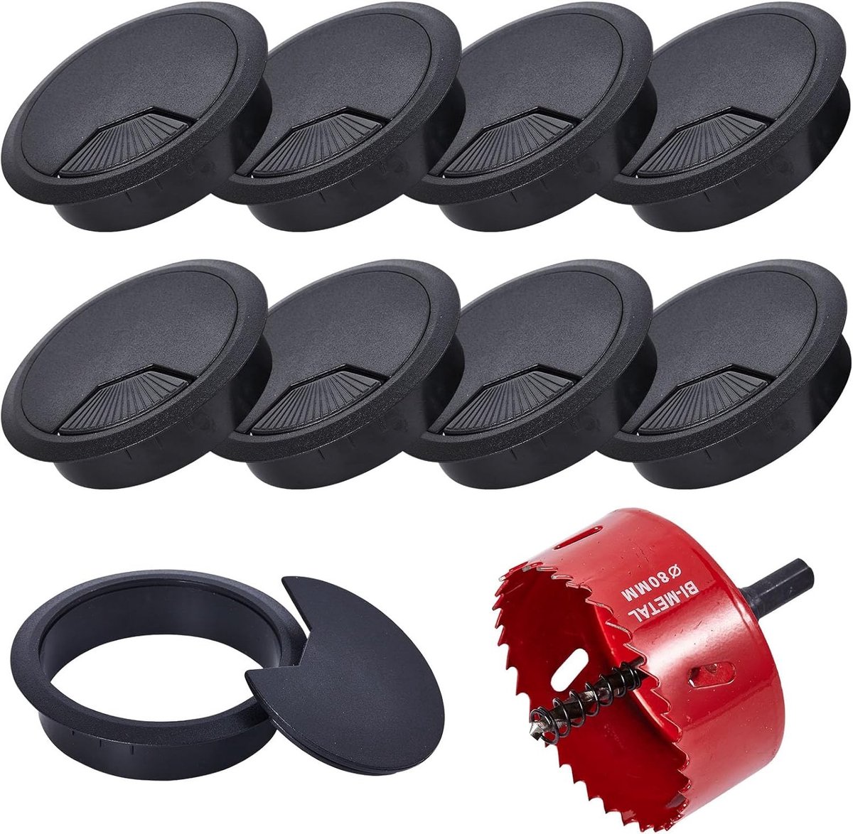 Kabeldoorvoer voor Bureau, Set van 9 Stuks, 80mm Kabelinvoer met Zaag, Zwart, Organiseer Kabels en Vermijd Rommel