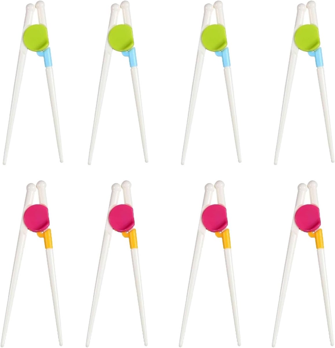 Set van 8 herbruikbare eetstokjes met siliconen handgrepen, ideaal voor beginners, kinderen en volwassenen, geschikt voor links- en rechtshandigen, perfect voor thuis en restaurants