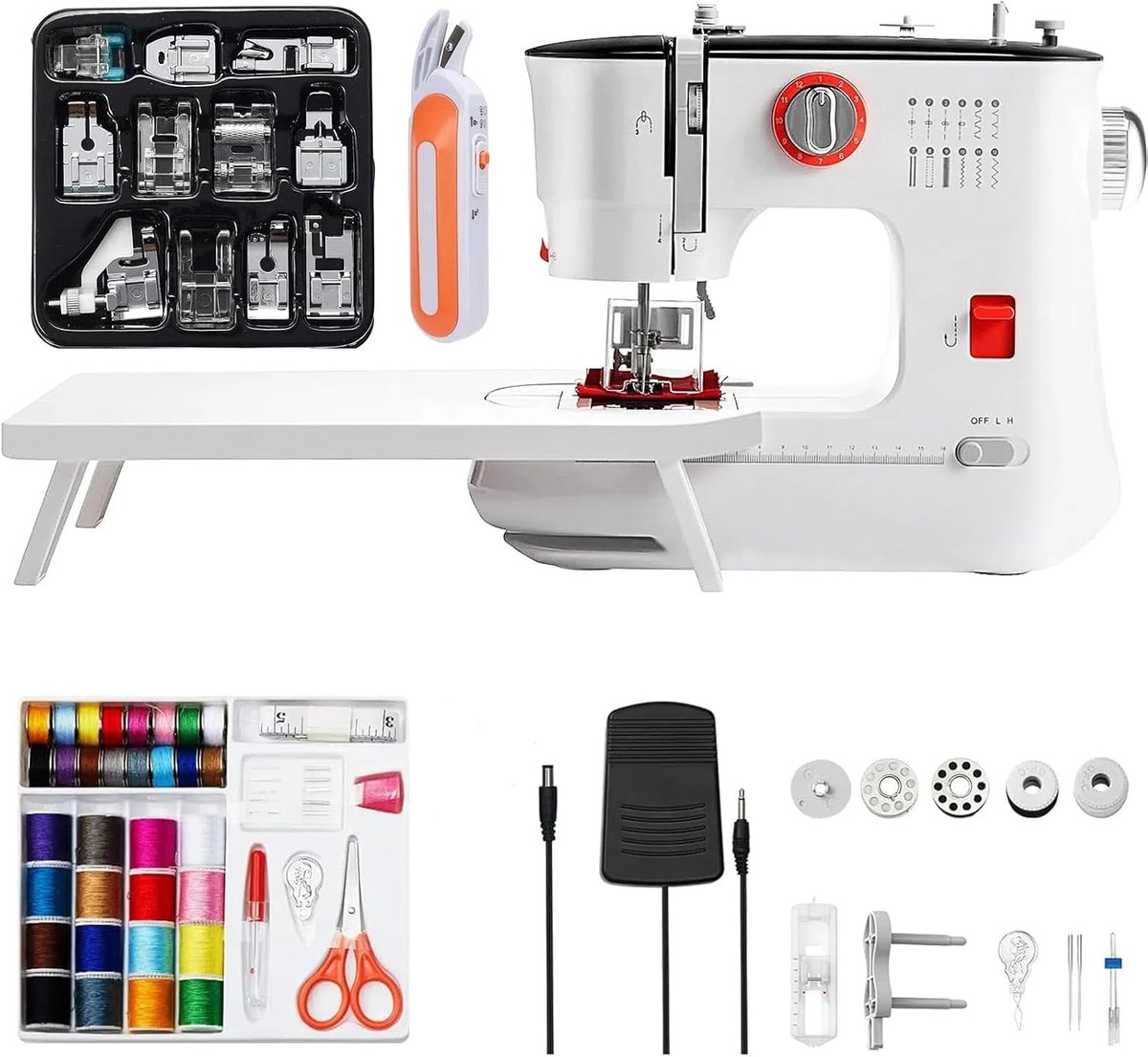 SnelShoppen - Elektrische Naaimachine voor Beginners en Kinderen - 12 Stikprogramma's, Vrije Arm, Naailamp en Elektrisch Voetpedaal (EU Plug) - Inclus