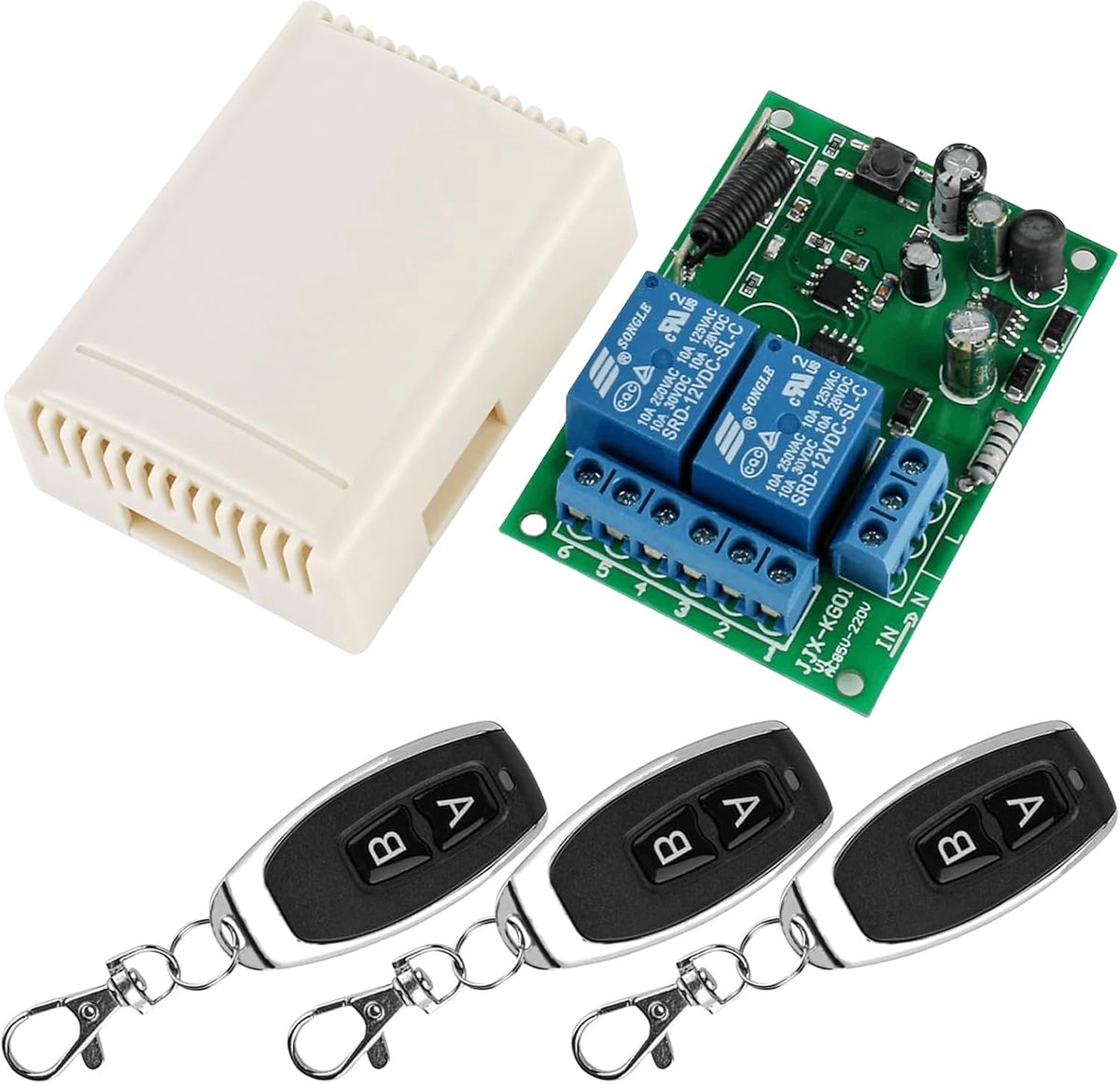 SnelShoppen - 433MHZ FR Draadloze Afstandsbediening Schakelaar met 3 Zenders - 2 Kanalen RF Relaismodule voor Garagedeur - Draadloze Ontvanger AC 220V