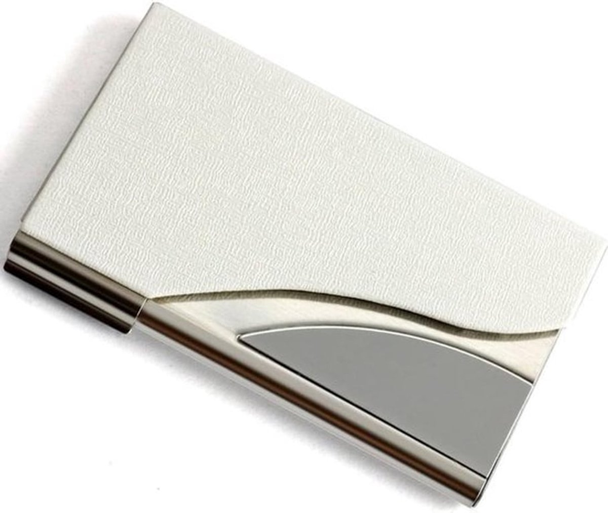 Metalen etui visitekaartjes van PU-leer en roestvrij staal, wit, zakelijk gebruik.
