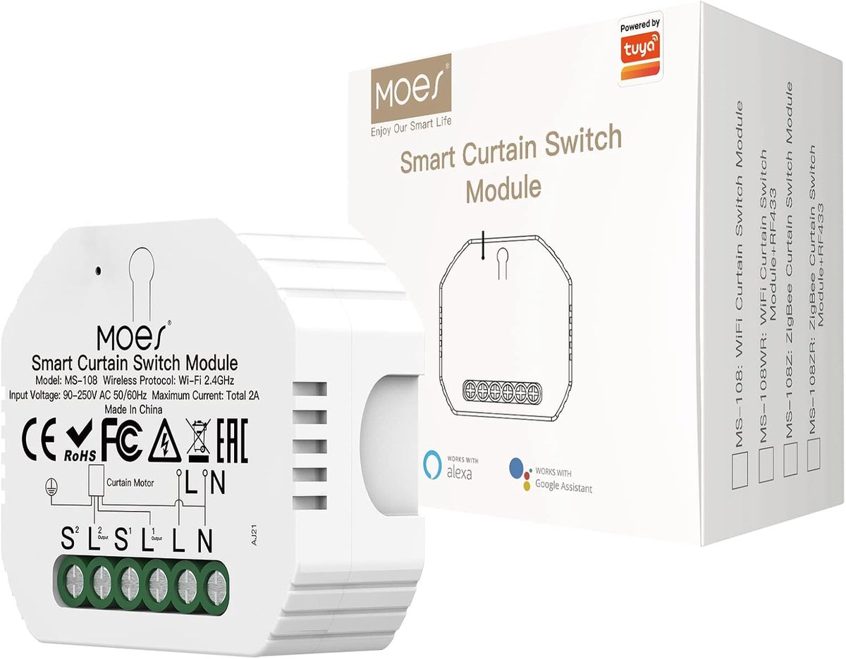 SnelShoppen - Roller Shutter Module Switch Connected, Smart Curtain Switch, WiFi, Voice Control Compatibel met Alexa en Google Home, Intelligent Relay