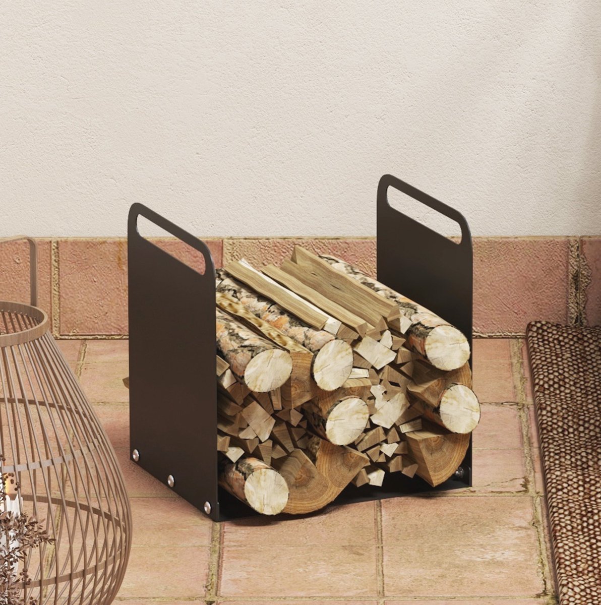 COVREO Houtrek 36,5 x 30 x 36 cm - zwart staal, met handgrepen, draagvermogen 30 kg