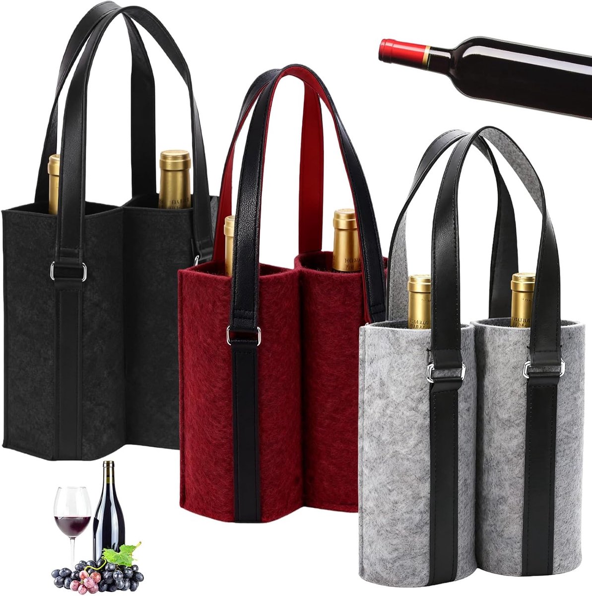 SnelShoppen - 3 Stuks Dubbele Flessentas van Vilt - Premium Bescherming voor Wijnflessen - Handige Drankentas voor Feesten en Cadeauverpakking - Draag