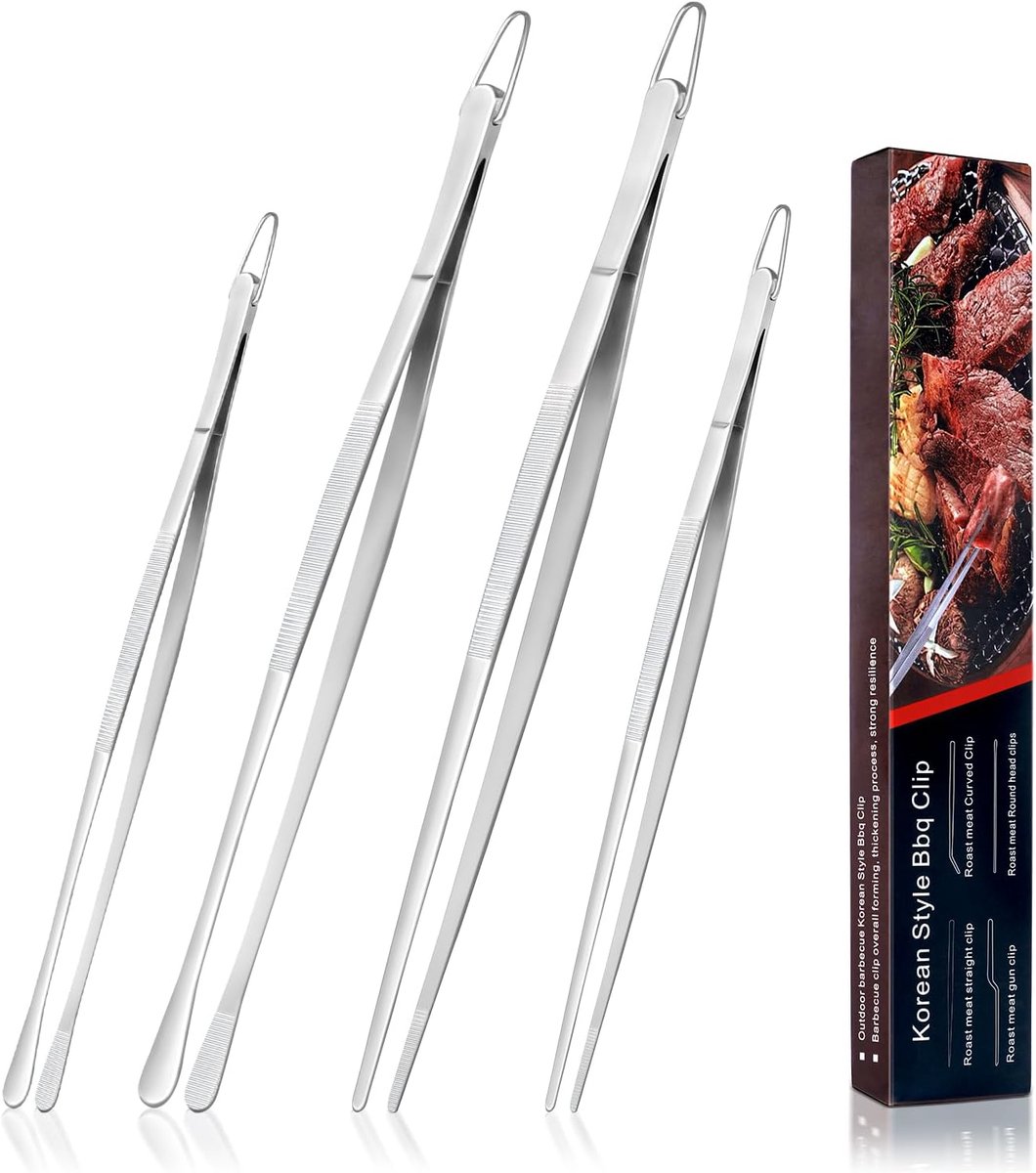 SnelShoppen - 4-delige RVS Kookpincet Set - Professionele Keukenpincetten - 12.7 Inch & 11 Inch - Roestvrij Staal - Met Ophangoog - Voor Koken, Repara