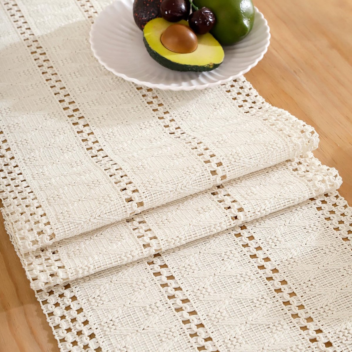 SnelShoppen - Table Runner Beige Makramee Boho Katoen Vlas 30 x 183 cm Wasbaar Crochet Lace Mesh voor Keuken, Tafel Decoratie, Bruiloft, Bohemian Stij
