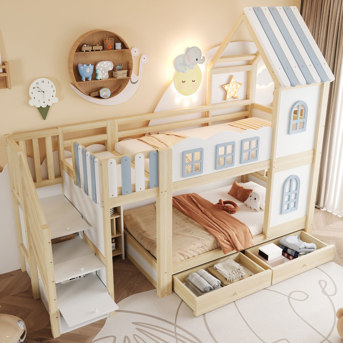 REDOM - Kinder stapelbed - Huisdesign met dak en ramen - Met opbergleiter, planken en lades - Hout en MDF - Wit Grijs Naturhout - 90 x 200 cm