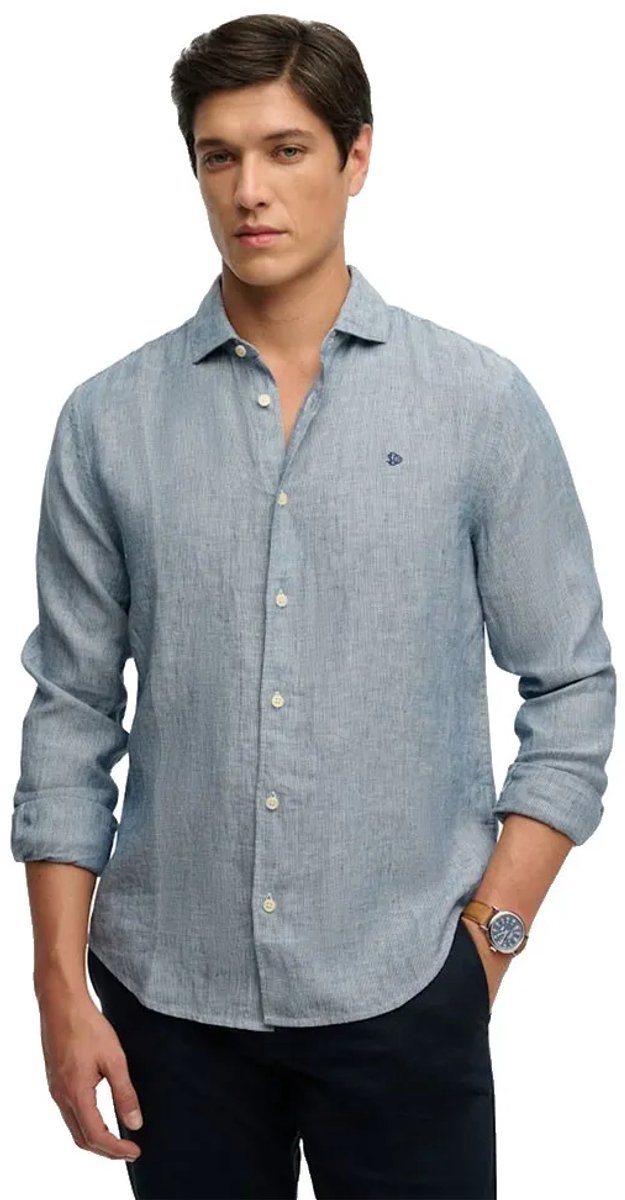 Superdry Riviera Linnen Overhemd met Lange Mouwen Heren Lange mouwen shirts Indigo Needle Stripe