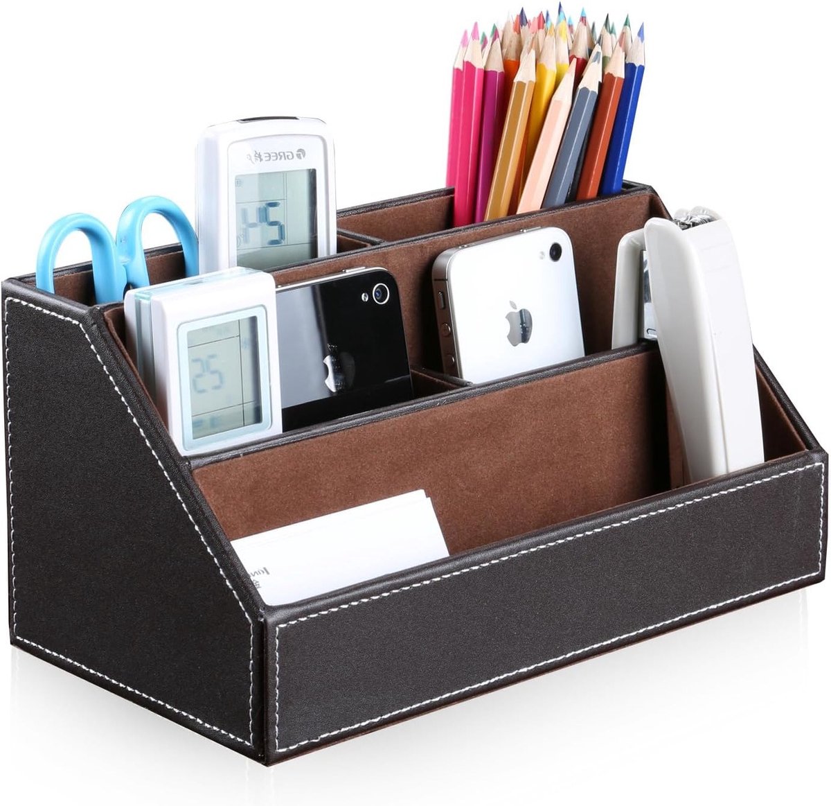 Houten Multifunctionele Bureau Organizer met Leerafwerking in Bruin voor Efficiënte Opberging