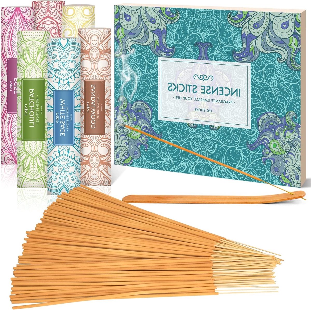 Giftset met 120 wierookstokjes - Salie, Kaneel, Sandelhout en Roze Patchouli voor Ontspanning, Yoga en Aromatherapie