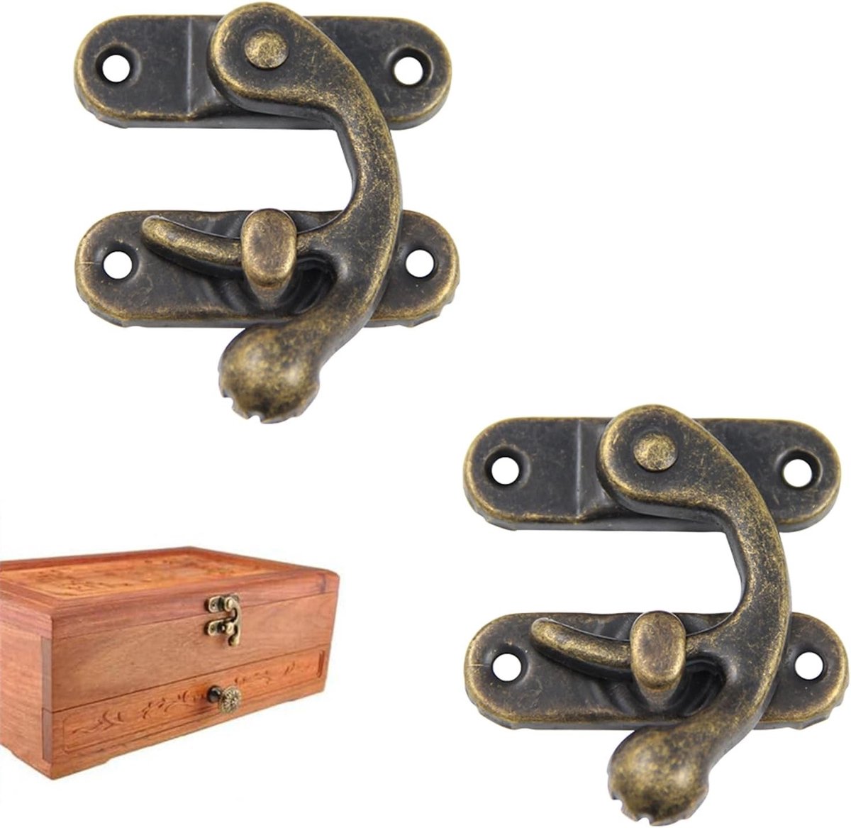 Antieke Bronzen Sluitingen voor Houten Sieradenkist - Decoratieve Haak en Hangslot Set van 2 Stuks, Ideaal voor Verzamelaars en Ambachtslieden