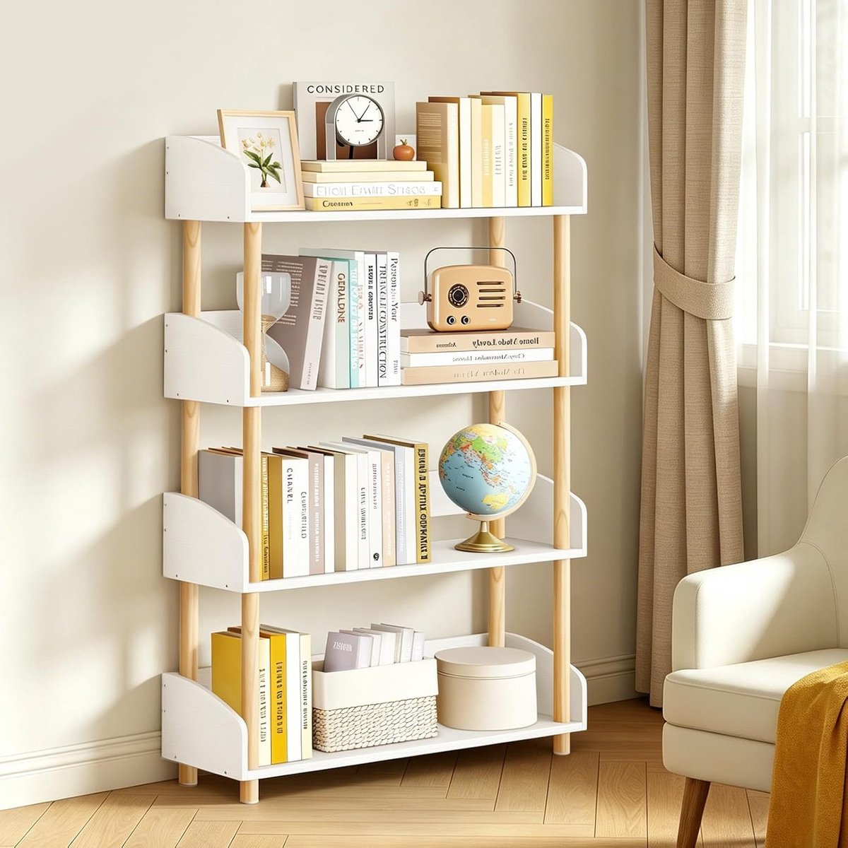 Open 4-Laags Boekenkast Wit, Vrijstaand met Massief Houten Frame en Bovenrand, Veelzijdig Houten Staand Rek en Opbergkast voor Woonkamer, Slaapkamer en Kinderkamer