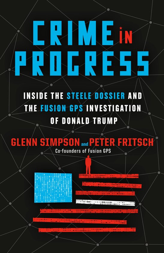Boekomslag met de titel 'CRIME IN PROGRESS', een Amerikaanse vlag met digitale elementen en een figuur.