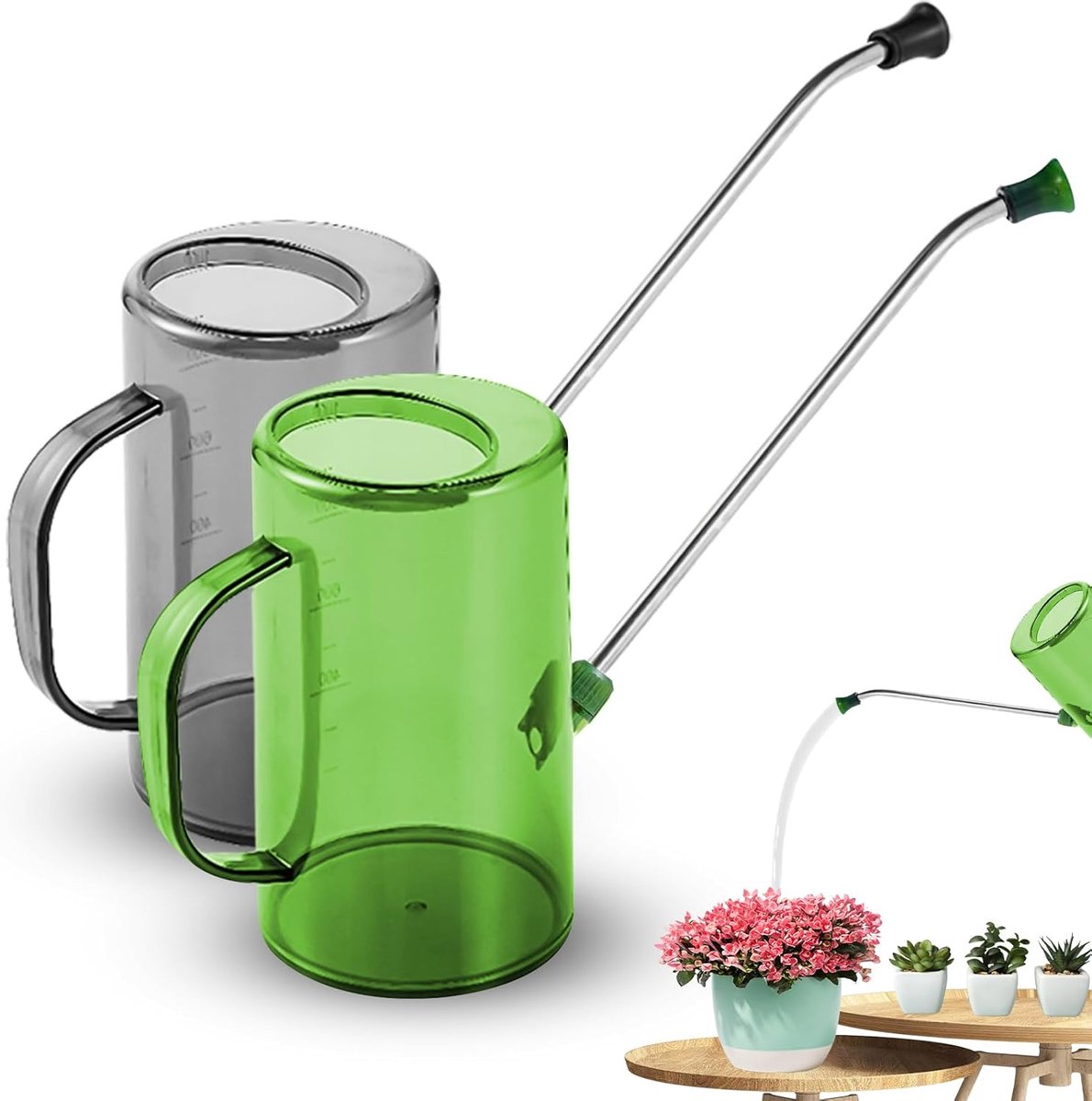 Set van 2 roestvrijstalen lange uitloop, gieter, gieter voor kamerplanten, gieter voor binnen, 1 liter, voor buitenplanten, tuinieren, hangplanten, vetplanten, bloemen, groen en grijs