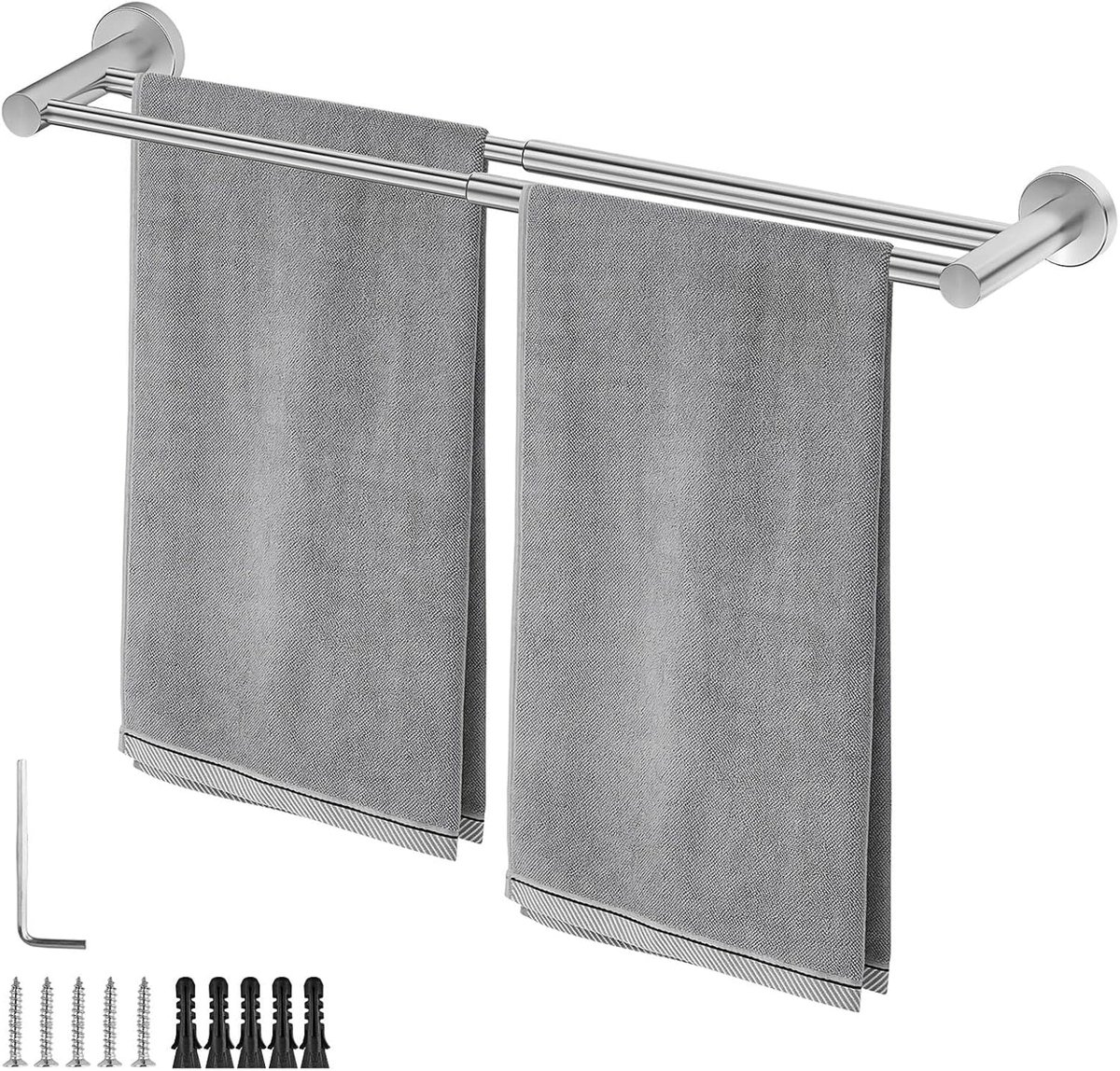 Handdoekstang, roestvrijstalen handdoekhouder voor badkamer, uittrekbaar van 40-69,8 cm, uittrekbaar, dubbele stangstructuur, inclusief handleiding (mogelijk niet beschikbaar in het Nederlands