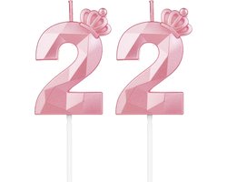 Verjaardagskaarsen 22 met kroon, 3D-kaarsen, verjaardag voor taart, verjaardagsdecoratie, kinderfeestjes, bruiloften, bedrijfsfeesten, jubilea (roze, #22)