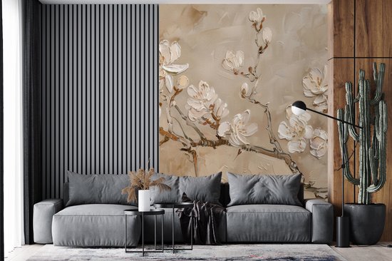 Behang - Fotobehang Bloemen - Modern - Beige - Wit - Bloesem - Breedte 205 cm x hoogte 280 cm