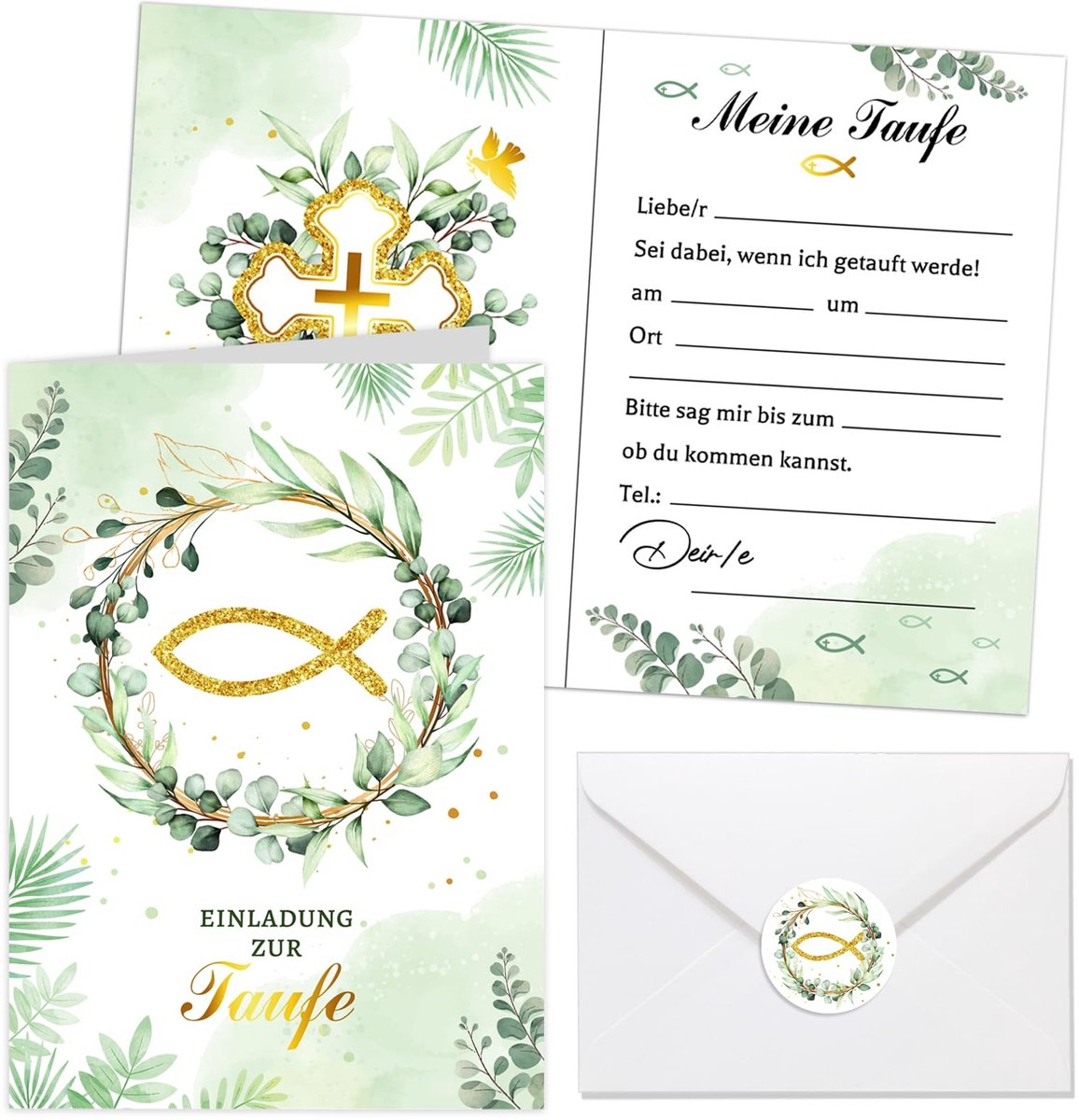 Dailygoods- Doopuitnodigingen Stijlvol - Uitnodigingskaarten - Eucalyptus Motief - 12 Stuks - Met Envelopstickers - Hoogwaardig Papier