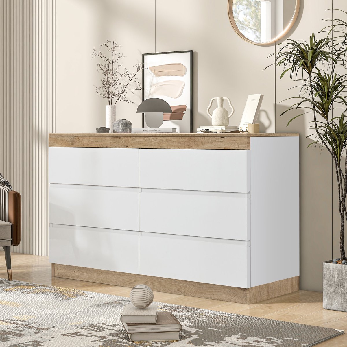 REDOM - Commode - 6 laden - Opbergruimte - E1-spaanplaat - Klassieke stijl - Slaapkamer - Wit + eikenlook - Draagvermogen blad 40 kg