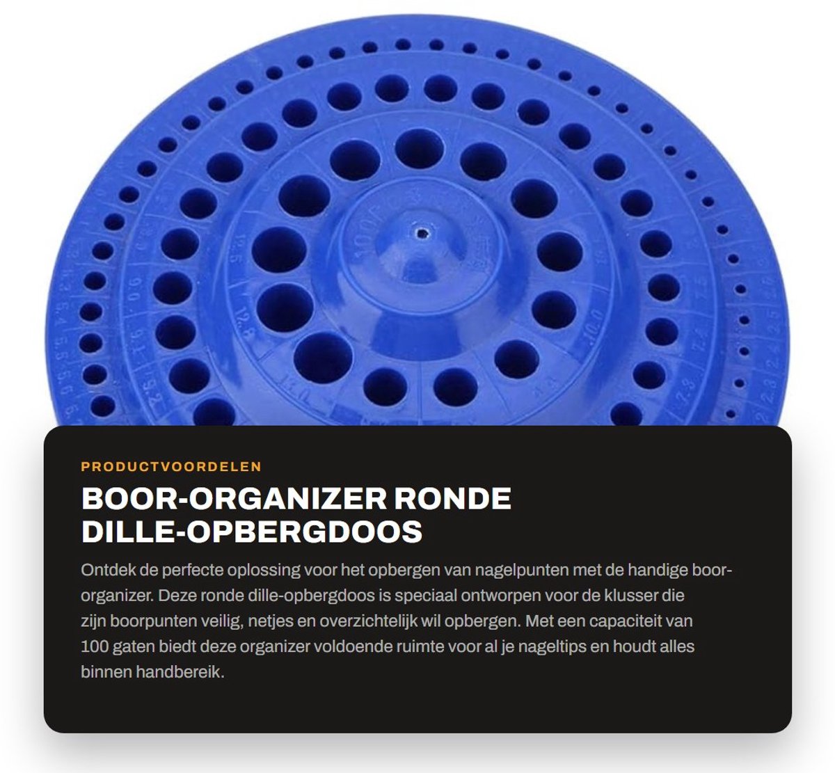 Dailygoods- Boor-Organizer 100 Gaten - Ronde Opbergdoos - Ruimtebesparend - Veilig - Praktisch - Kunststof Basis - Nagelpuntenhouder
