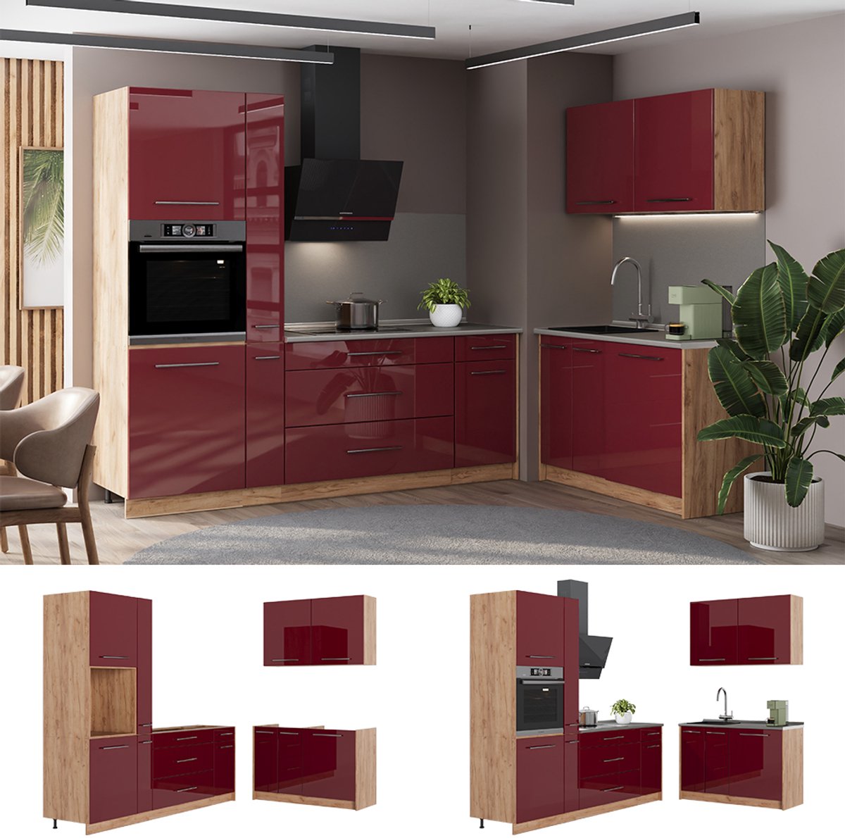 Vicco Keuken Fame-Line, Bordeauxrode hoogglans/Goudkleurig Eiken, 220 x 120 cm, WB Eik