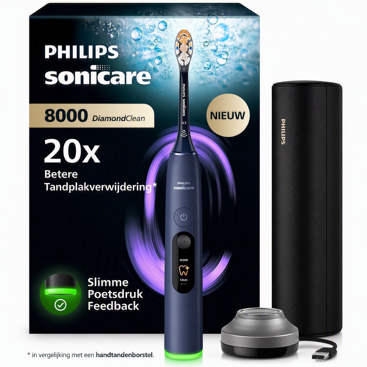 Philips Sonicare Next-Generation DiamondClean 8000 Elektrische Tandenborstel - Slimme Poetsdruksensor, Persoonlijke Coaching, Wittere Tanden & Gezonder Tandvlees - Donkerblauw - HX8311/13