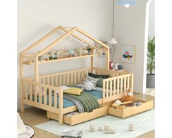 bed 90x200 cm met 2 Opberglades, Houten Kinderbed met Veiligheidshekken en Huisvormig Frame, jongens en meisjes