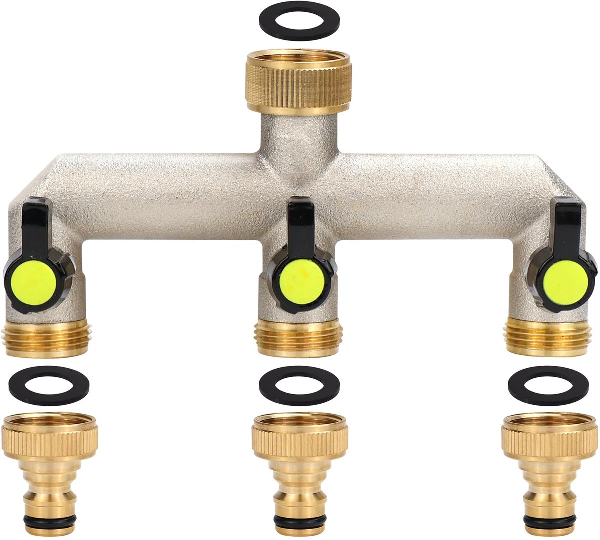 3-weg wateraansluiting verdeler 3/4 inch waterkraan verdeler van messing met adapter 1/2 inch en kogelkraan, voor huis en tuin voor het instellen en afsluiten van de waterstroom