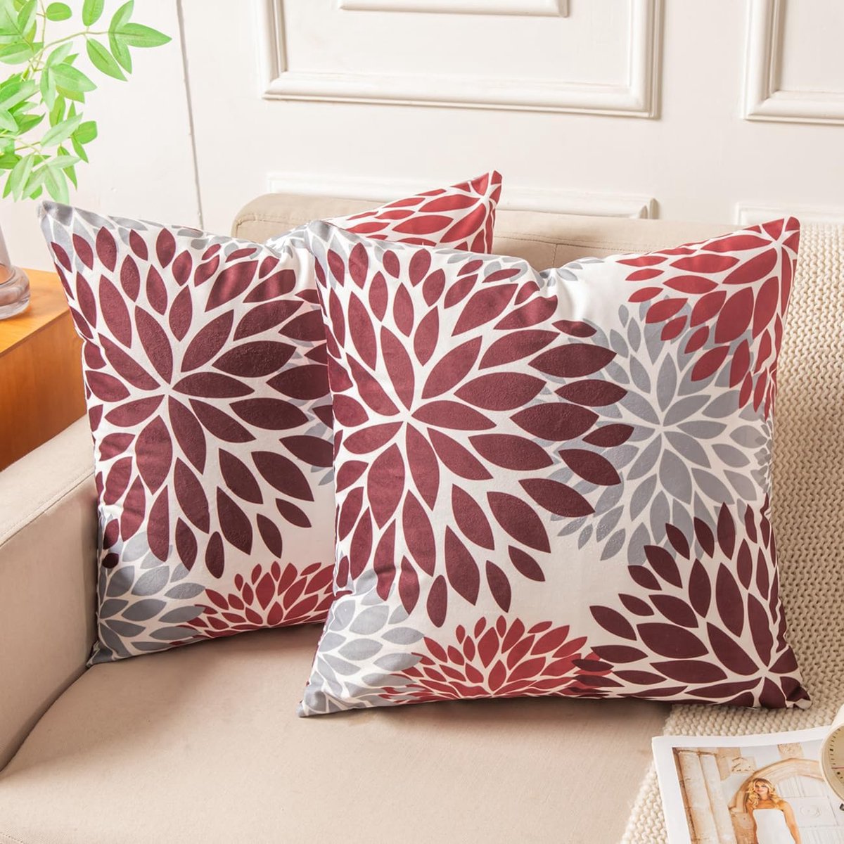 kussensloop, wijnrood 50x50 Kussenovertrek, rood grijs, set van 2, sofakussen, fluweel, decoratief, modern, sierkussenovertrekken, vierkant voor woonkamer, herfst, winter