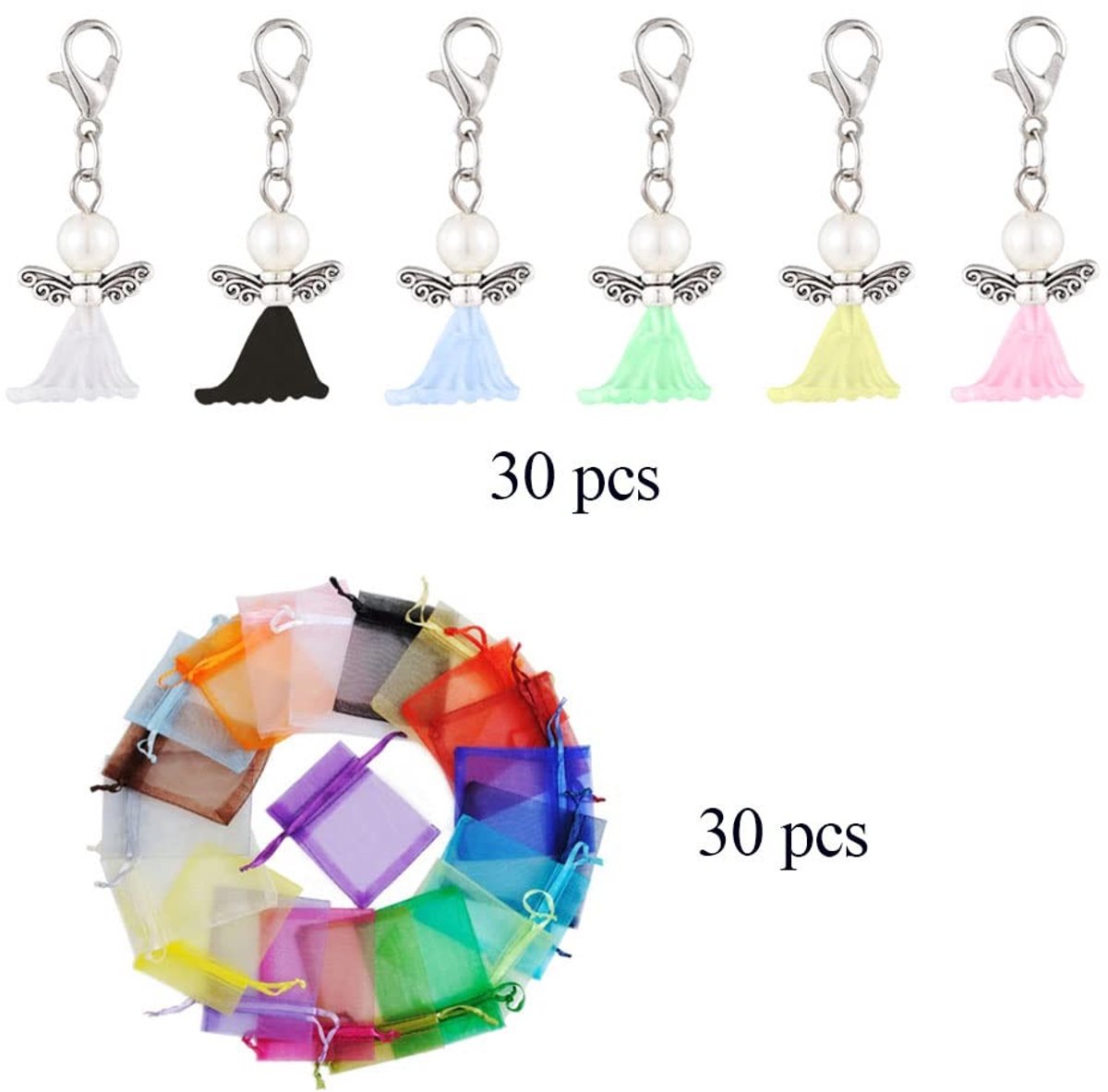 Dailygoods- Engelen Knutselset 30 Stuks - Engel Hanger - Organza Zakjes - Gasten Geschenk - Acryl en Legering - 40 x 13,5 mm - Knutselmateriaal