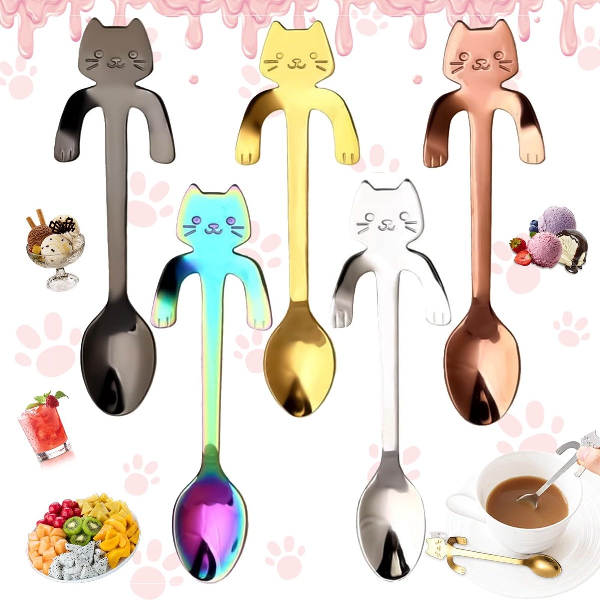 Dailygoods - Roestvrijstalen koffielepel, 5 stuks kat hangende theelepel, Mini Kitten Design roerlepel voor water, thee, melk, koffie, soep, suiker, dessert, voorgerecht, kruiden, drinken, milkshake