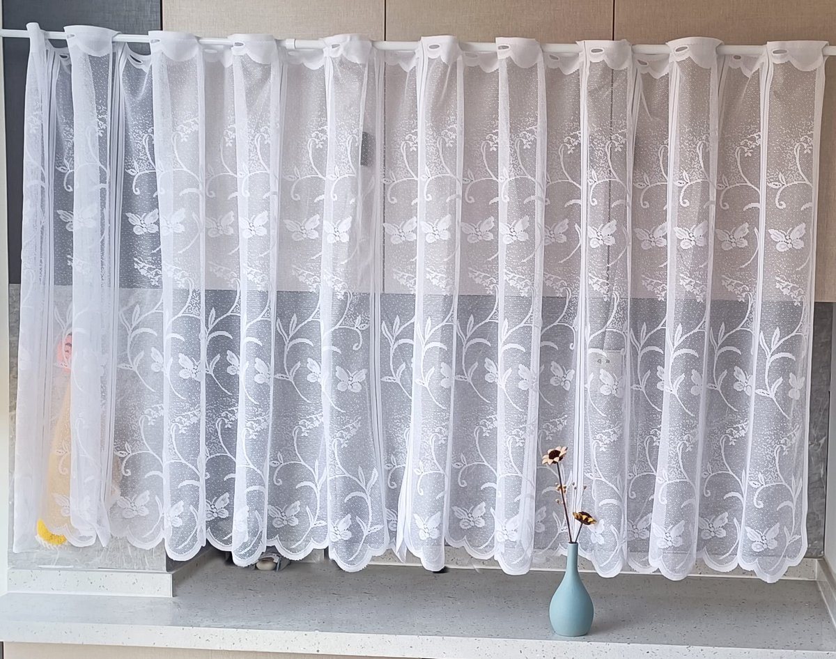 Scherengordijnen met Bloemen Borduurwerk, Wit Bistrogordijn, Gebogen, Breedte 160cm, Hoogte 90cm, Korte Gordijnen, Kleine Scherengordijnen, Keukengordijnen